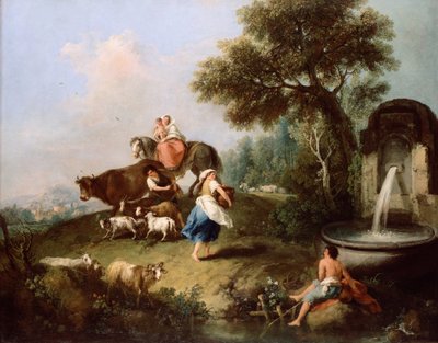 Landschaft mit einem Brunnen, Figuren und Tieren von Francesco Zuccarelli